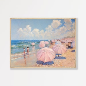 Retro Beach Print | Minimal Pastel Seascape Painting | Girly Pink Apartment Decor | Aesthetic Living Room Wall Art | P #123