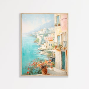 Coastal Town Painting: Retro European Pastel Wall Art
