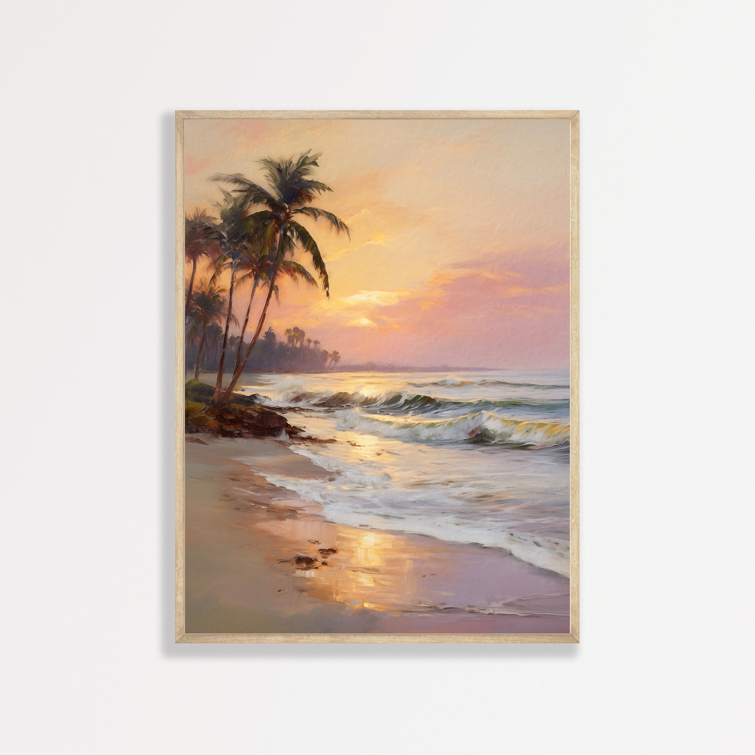Beach Sunset Painting | Palm Tree Coastal Landscape Print | Retro Vintage Beachy Aesthetic Decor | P #910