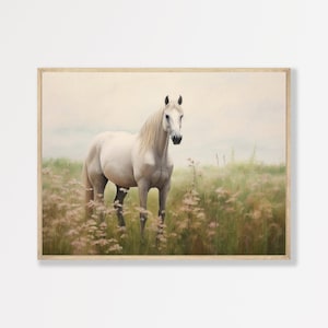Countryside Horse Print | Vintage Painting of a White Horse | Rustic Neutral Farmhouse Decor | P #803