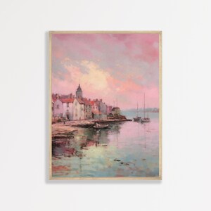 Pink Pastel Coastal Print, Retro Town Landscape Art