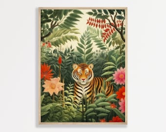 Jungle Tiger Painting | Retro Animal Kids Bedroom Wall Art | Aesthetic Trendy Apartment Living Room Decor | P #166