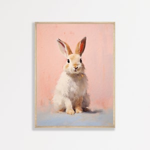 a painting of a rabbit sitting in front of a pink background