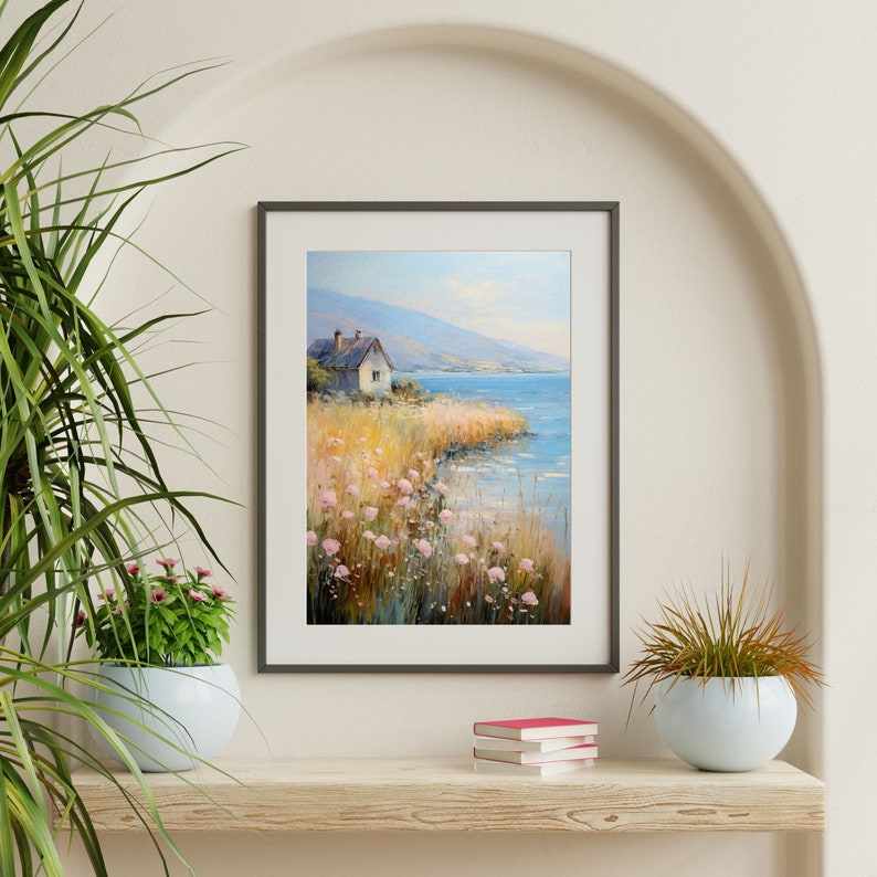 a painting of a house by a body of water