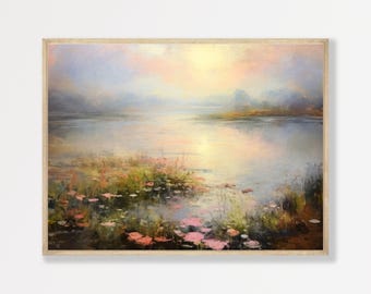 May include: A framed landscape painting depicting a serene lake at sunrise. The scene features soft pastel hues of pink, yellow, and blue in the sky, reflecting on the calm water. The foreground shows lush green marshland with scattered pink flowers.