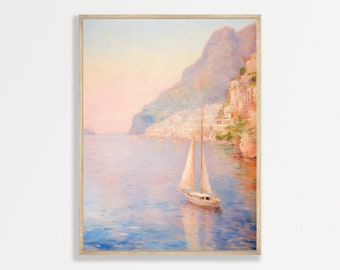 Vintage Sailboat Painting Italian Coast Retro Style