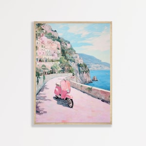Pintura de Vespa pastel / Arte mural de la costa de Amalfi / Decoración costera italiana rosa / Decoración de pared estética preppy / P #036