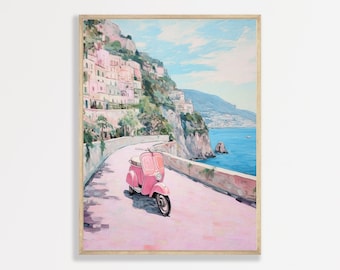 Pastel Vespa Painting | Amalfi Coast Wall Art | Italian Pink Coastal Decor | Aesthetic Preppy Wall Decor | P #036
