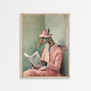 Giraffe Art Print: Funny Reading Animal - Retro Nursery Decor
