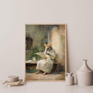 Reading Mouse Painting Retro Wall Art Kids Room Decor image 2