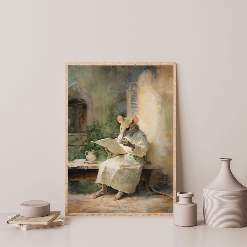 Reading Mouse Painting Retro Wall Art Kids Room Decor image 2