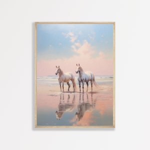 Beach Horses Painting | Retro Muted Pastel Beach Painting | Trendy Girly Apartment Home Decor | Equestrian White Horse Art | P #171