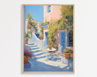 Retro Greece Painting, Pastel Coastal Scene, Minimal Style