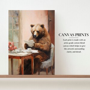 a painting of a bear sitting at a table reading a book