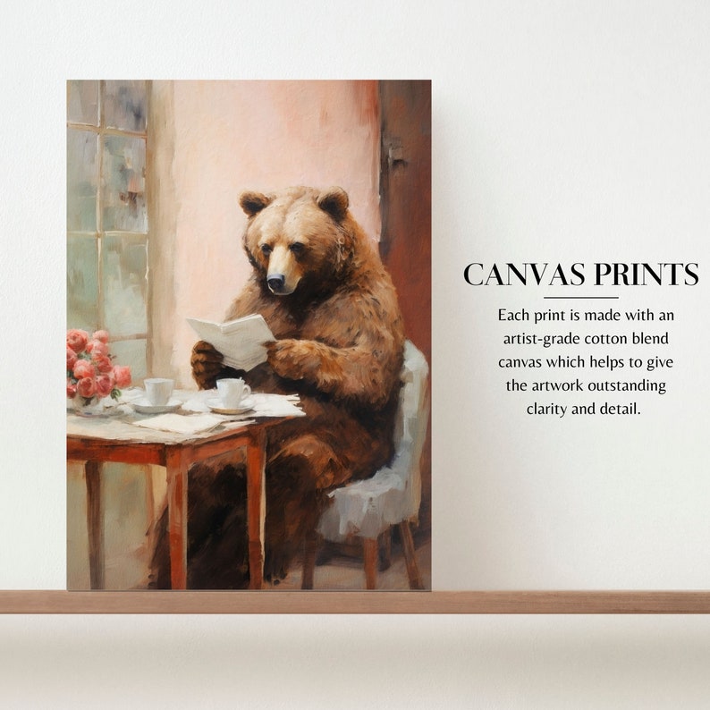 a painting of a bear sitting at a table reading a book
