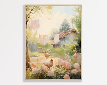 Country Chickens Print, Vintage Farmhouse Artwork Neutral Colors