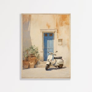 Retro Vespa Wall Print | Neutral Aesthetic Wall Art | Apartment Bedroom Beige Oil Painting | P #131