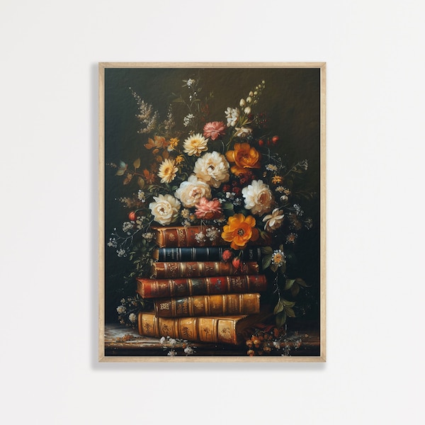 Moody Book Painting | Vintage Dark Academia Decor | Antique Dark Maximalist Artwork | Bookshelf Bedroom Office Wall Art Print | P #483