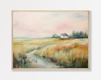 Vintage Cottage Landscape Print - Rustic Farmhouse Wall Decor