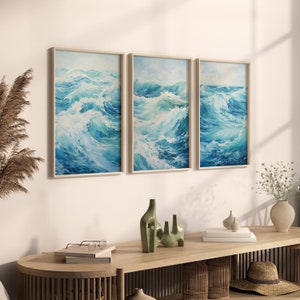 Ocean Waves Print Set | Set of 3 Coastal Prints | Blue Coastal Home Decor | Retro Living Room Artwork | Aesthetic Bedroom Wall Art | S #013
