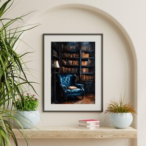 a painting of a blue chair in front of a bookshelf