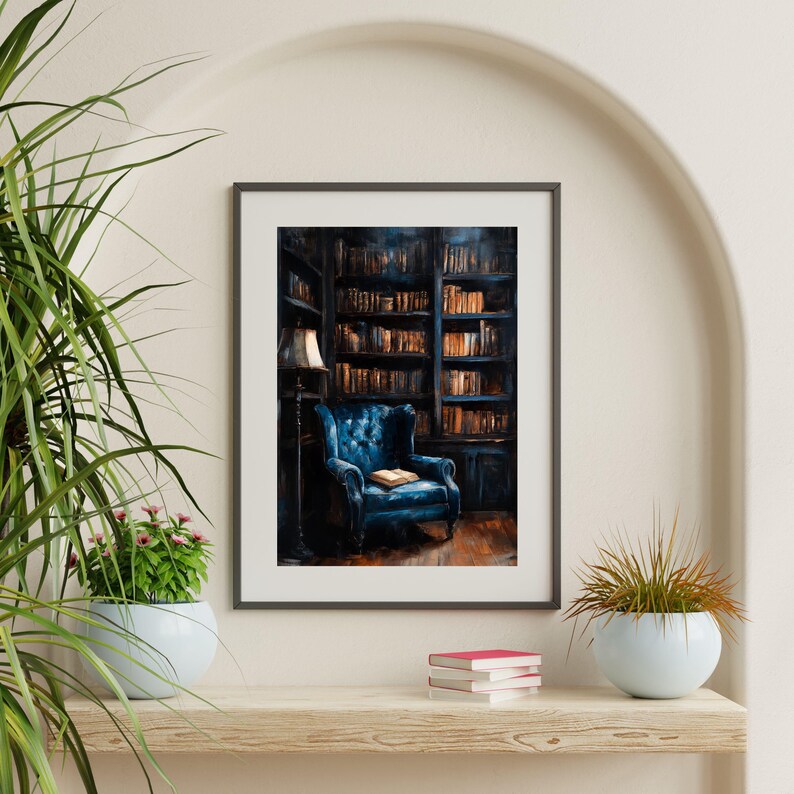a painting of a blue chair in front of a bookshelf