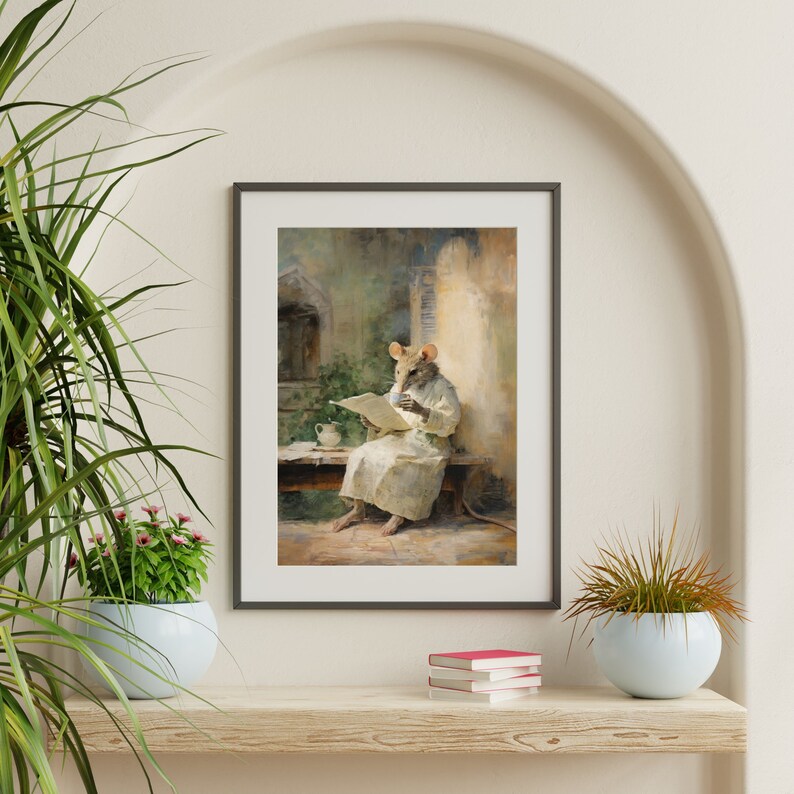 Reading Mouse Painting Retro Wall Art Kids Room Decor image 3