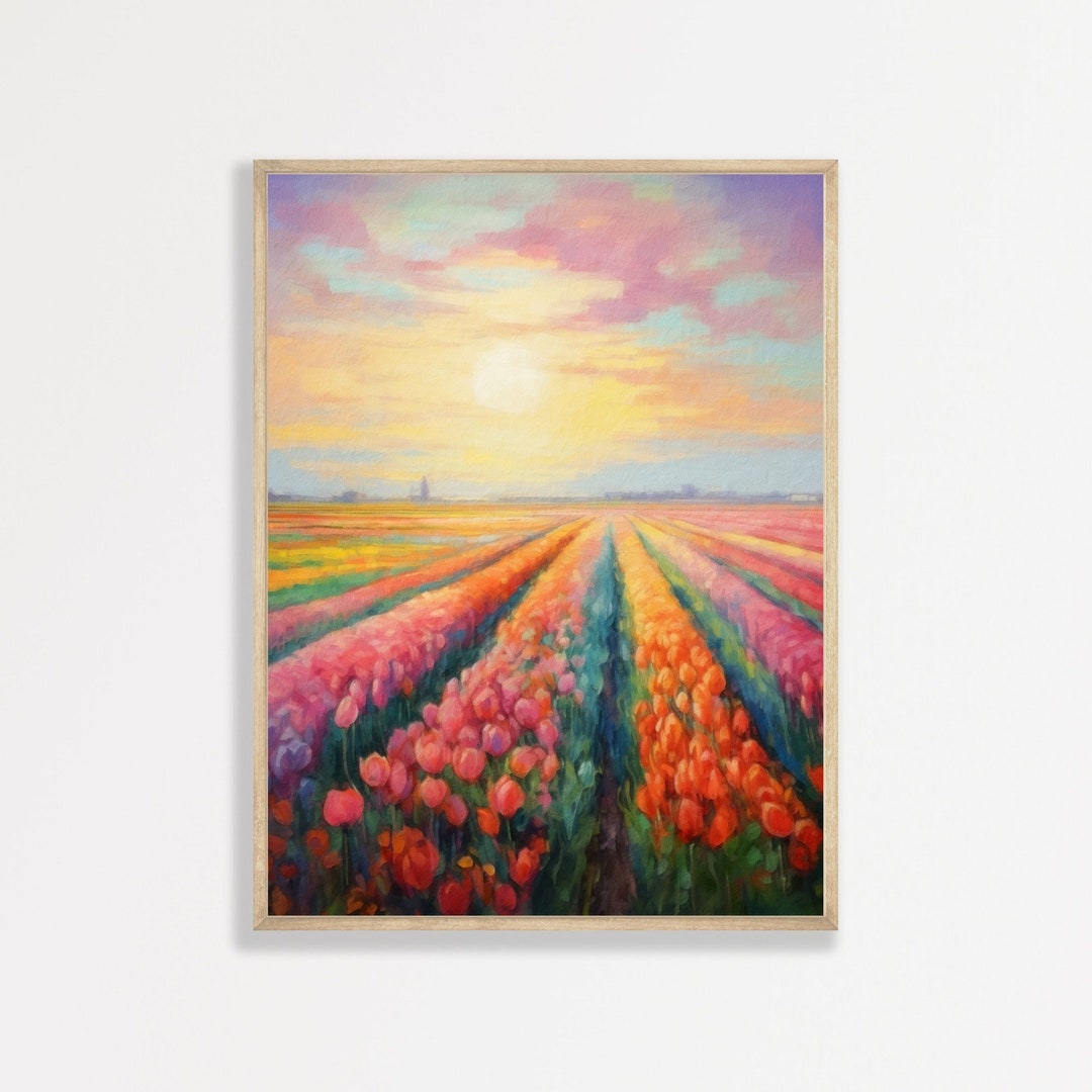 Colorful Tulip Field Print - Retro Countryside Flower Painting - Etsy