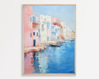 Pastel Greece Harbor Painting: Minimal Summer Wall Art