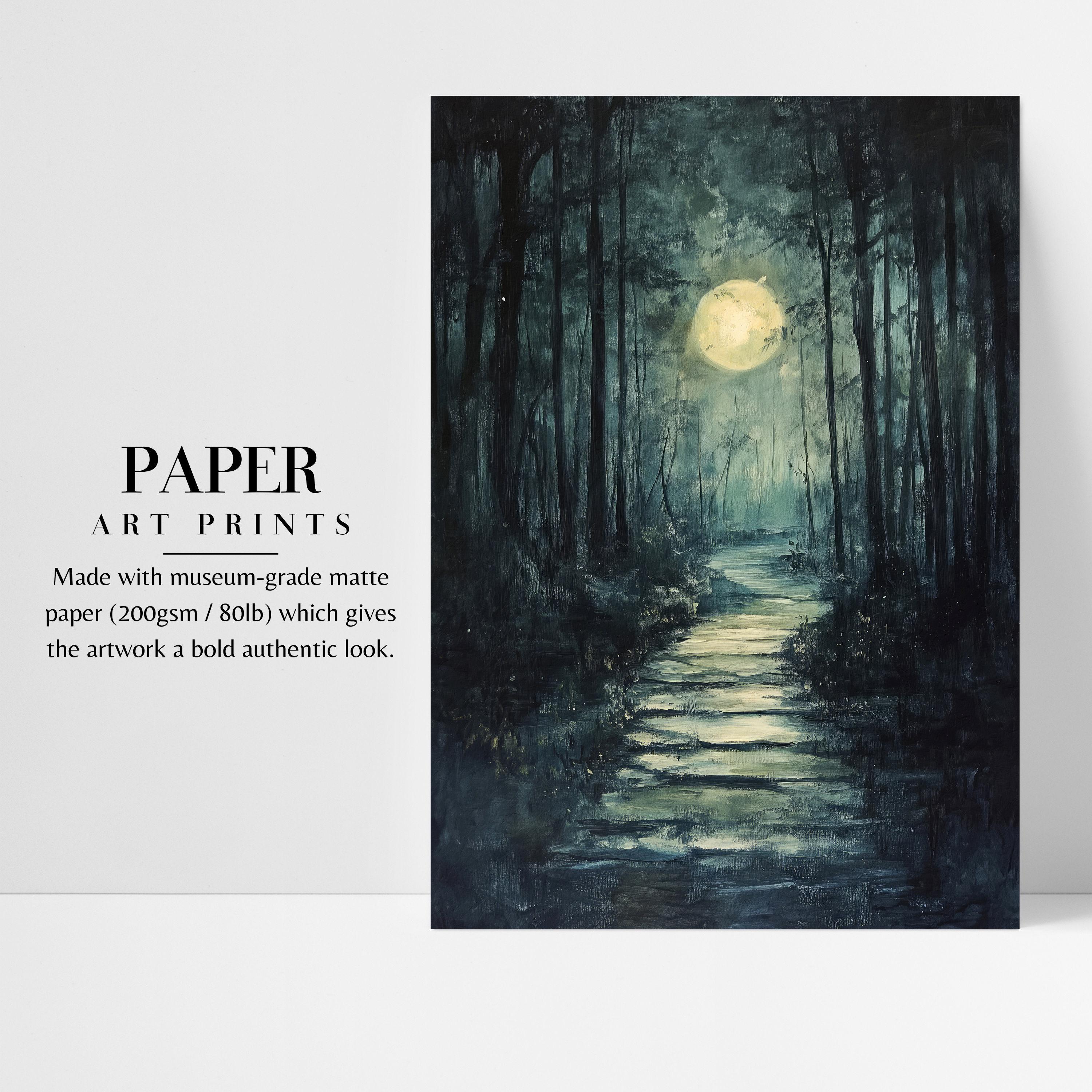 Moonlit Forest Wall Art - Rustic Vintage Landscape Print - Etsy