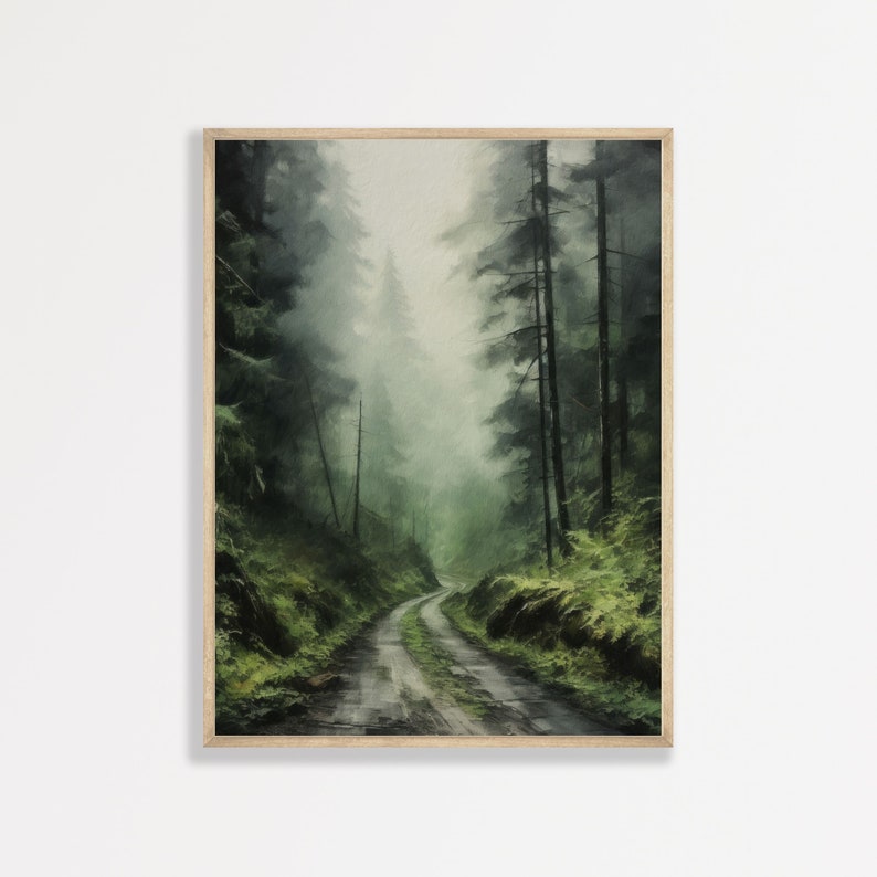 Moody Nature Landscape Painting: Dark Foggy Forest Wall Art image 1