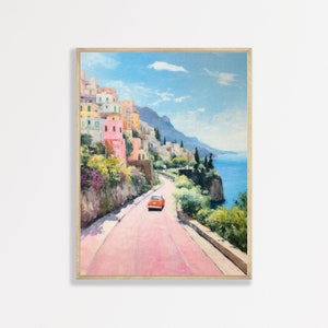 Italy Coastal Painting | Retro Amalfi Coast Italian Wall Art | Preppy Pastel Pink Aesthetic Decor | P #151