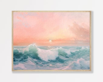 Pastel Waves Painting | Retro Pink Seascape Sunset Wall Art | Vintage Beach Home Decor | Aesthetic Bedroom Living Room Print | P #489