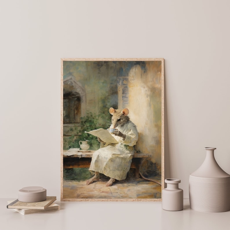 Reading Mouse Painting Retro Wall Art Kids Room Decor image 2