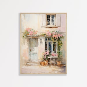 Vintage European Town Painting, Pastel Flowers, Neutral Colors