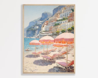 May include: A vertical painting depicting a coastal scene with a sandy beach, multiple pink beach umbrellas, and lounge chairs. In the background, white buildings are terraced along a steep cliffside overlooking the blue ocean water.