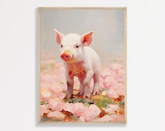 Decoración de pared con diseño retro de cerditos: Lámina minimalista rosa para habitación infantil.