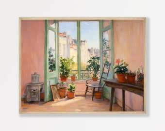 Paris Interior Print | Retro Pink Apartment Painting | Aesthetic Botanical Girly Decor | Muted Maximalist Pastel Print | P #094