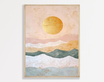 Abstract Landscape Print: Retro Mountains Boho Style - Neutral Pastel