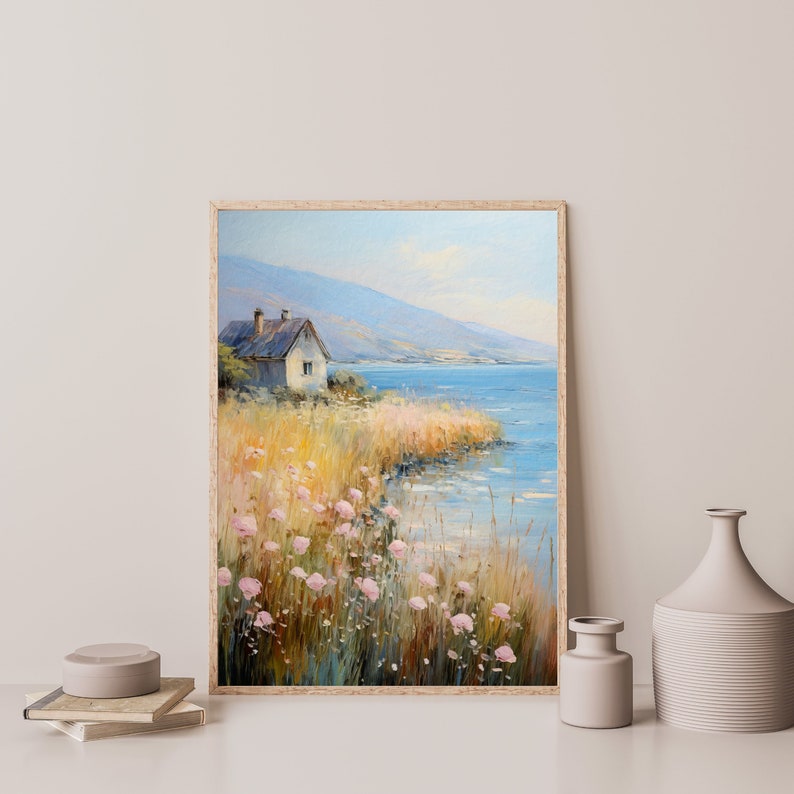 a painting of a house by a body of water