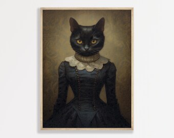 Dark Academia Black Cat Print, Vintage Moody Wall Art