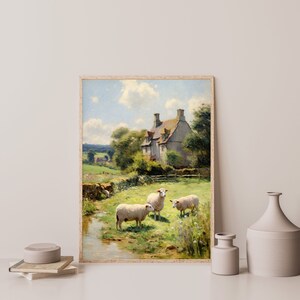 a painting of sheep in a field with a house in the background