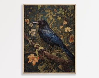 Crow Botanical Print, Vintage Moody Art, Dark Academia Style