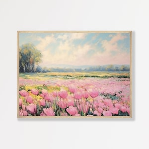Tulip Field Painting | Retro Pink Spring Landscape | Vintage Aesthetic Decor | Country Bedroom Wall Art | P #007