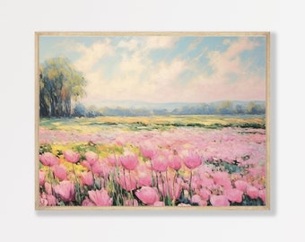Tulip Field Painting | Retro Pink Spring Landscape | Vintage Aesthetic Decor | Country Bedroom Wall Art | P #007