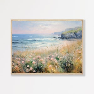 Pintura de paisaje marino silenciada / Arte retro de la pared de la playa costera / Decoración del apartamento del dormitorio estético pastel / P #063