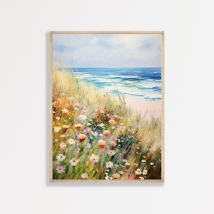 Coastal Wildflowers Painting | Minimalist Vintage Eclectic Wall Art | Aesthetic Beachy Home Decor | Eclectic Boho Modern Artwork | P #454