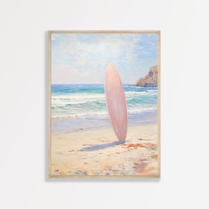 Impresión de tabla de surf rosa / Arte mural playero retro / Decoración de apartamento femenino / Pintura de paisaje marino pastel / P #082