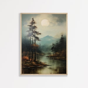 Moonlit Landscape Print | Moody Vintage Wall Art | Antique Night Oil Painting | Rustic Cottagecore Maximalist Decor | P #697