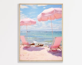 Pastel Beach Painting | Retro Pink Coastal Wall Art | Vintage Beachy Landscape Print | P #237